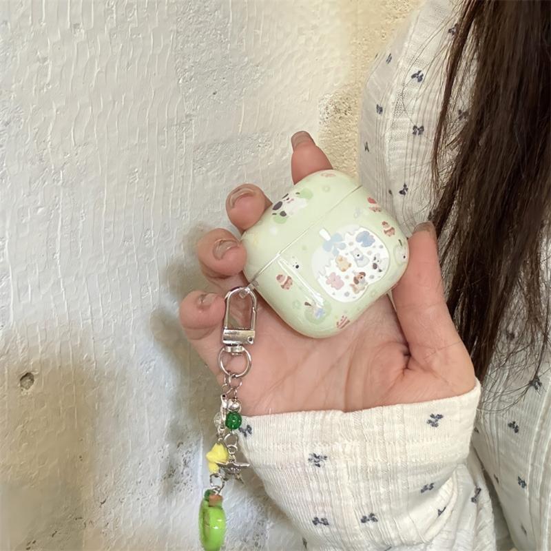 Cartoon Green Design Protective Case For AirPods4 Earbuds Shell With Detachable Keychain Precise Charging Port Access