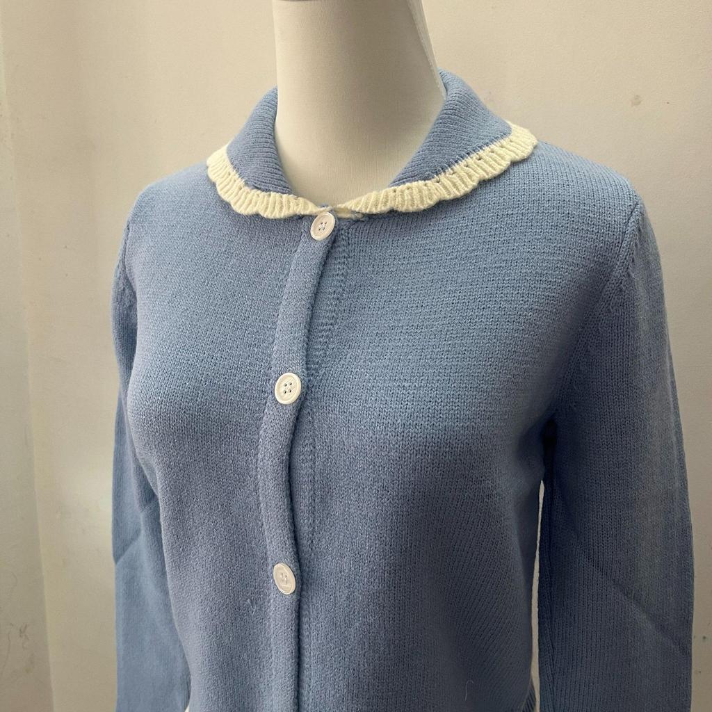 Bai Lu Blue Lace Trim Knit Cardigan: Autumn/Winter Soft, Cozy, Trendy Sweater