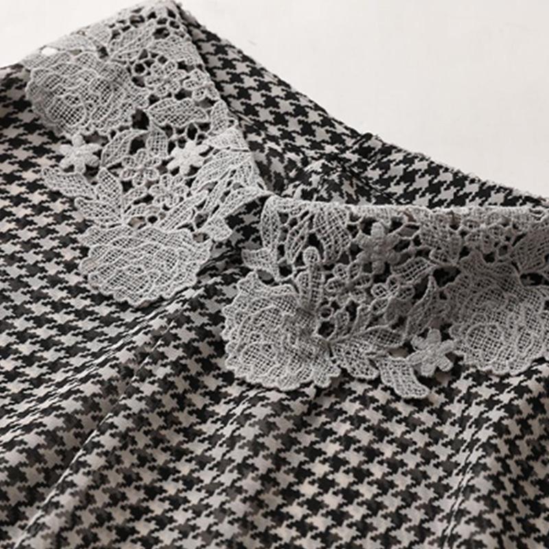 Sommer Damen Elegant Mode Vintage Hahnentritt Spitze Patchwork Pullover Chiffon Hemd Kurzarm Locker Lässig Blusen