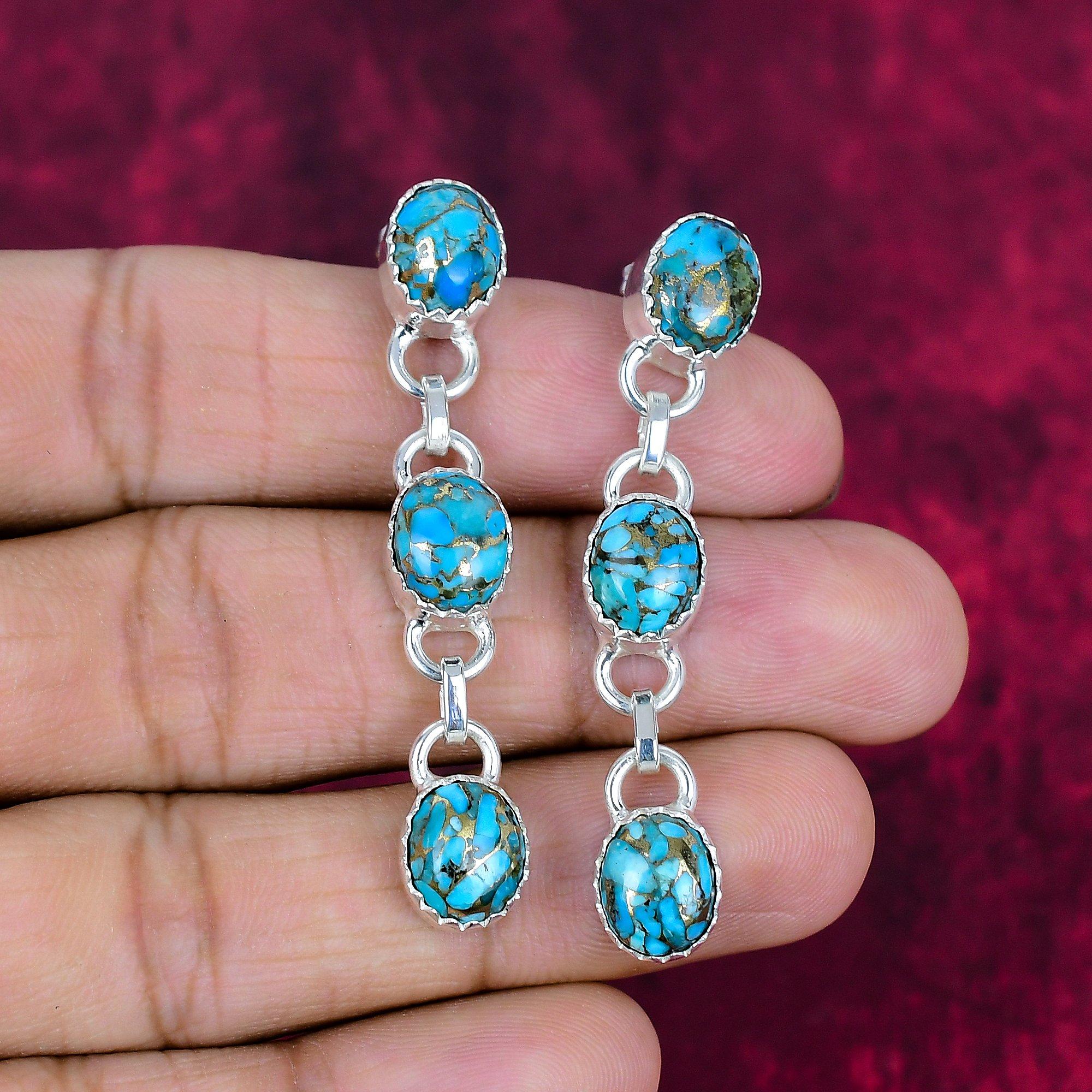 

Серьги ручной работы из голубого медно-бирюзового драгоценного камня, серьги из цельного серебра 925 пробы, старинные ювелирные изделия, для подарка на помолвку 2.36 Inches синий