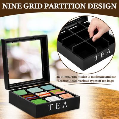 Boîte de rangement pour sachets de thé en bois avec couvercle transparent 9 compartiments Contenant carré Organisateur de bureau pour bijoux Boîte à thé Étui