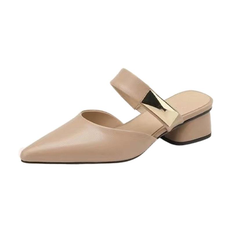 French soft leather bag head half slippers women's summer wear 2025 new Internet celebrity thick heel Mueller shoes middle heel pointed shoes