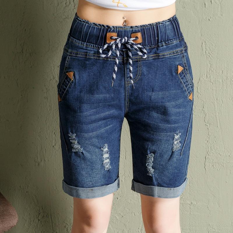 Pantaloni scurți din denim pentru fete de mărime mare, elastici de primăvară, talie înaltă, pantaloni largi rupti cu piciorul lat al cincilea