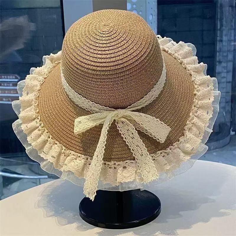 Women Sweet Lace Trim Large Brim Straw Sun Hat For Summer Beach Vacation