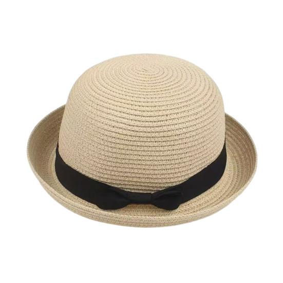 Parent-child Beach Hat Dome Curved Brim UV Protection Hat Handwoven Summer Outdoor Straw Hat with Black Satin Ribbon Bow