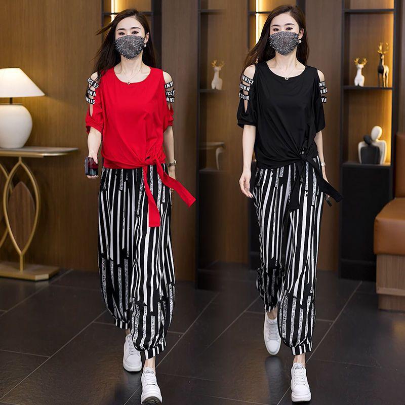 Casual Sportswear Set for Women - Fashionable Summer Design with Exposed Shoulders and Irregular Top - Two-piece Set