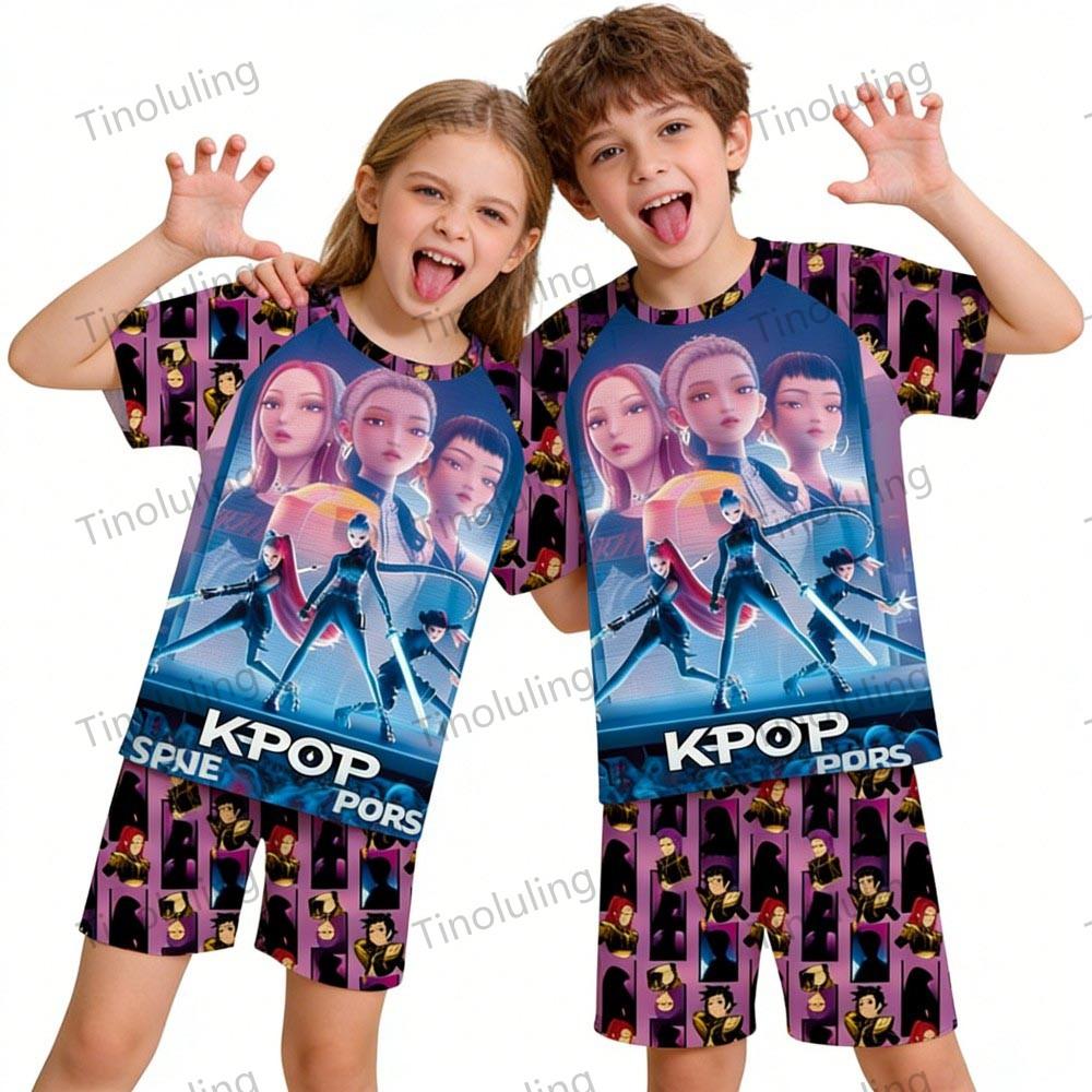 Boys Girls Pajamas Sets Summer Kids Pjs Short 3 5 6 7 8 9 10 11 12 Years Funny Toddler Pyjamas Kpop Demon Hunters Child Clothing
