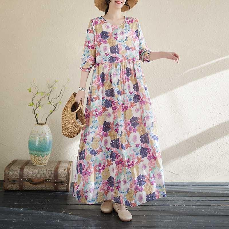 Literary Aging New Floral Vacation Style Travel Round Neck Long Sleeve Dresses