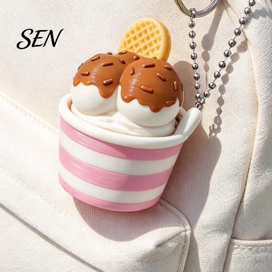 Portable Key Ring Charm 3D Printed Ice Cream Cup Fidget Clicker Keychain, Cute Dessert Stress Toy for Relief Click Toy, Mini Desk Decor Gift