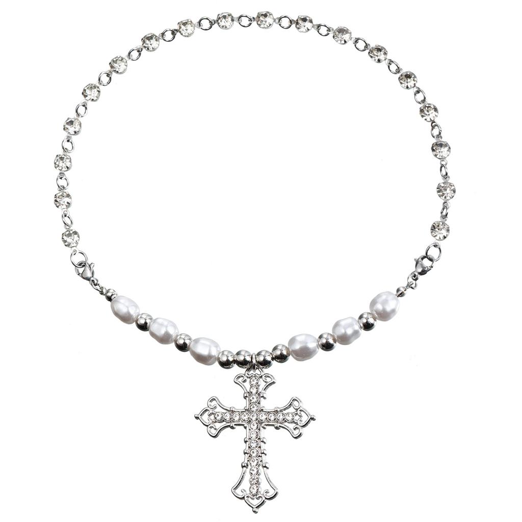 Retro Diamond-encrusted Cross Necklace, Handmade Beaded Splicing Necklace, New In the Season