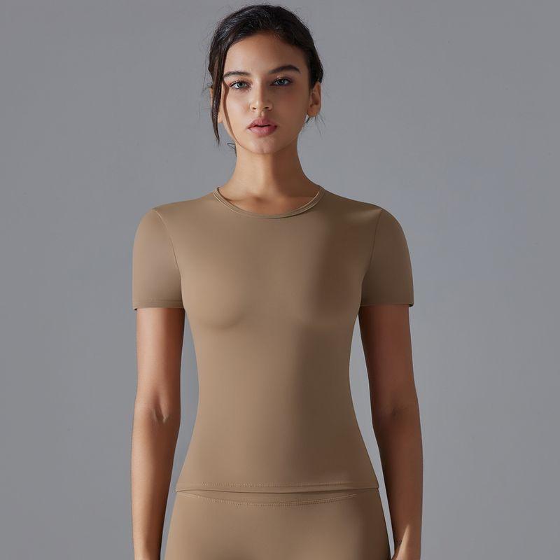 2025 Summer Pure Color Double-Sided Brushed High Elastic Tight Breathable Yoga Clothes Short Sleeve Sports Running Workout T-shirt Women