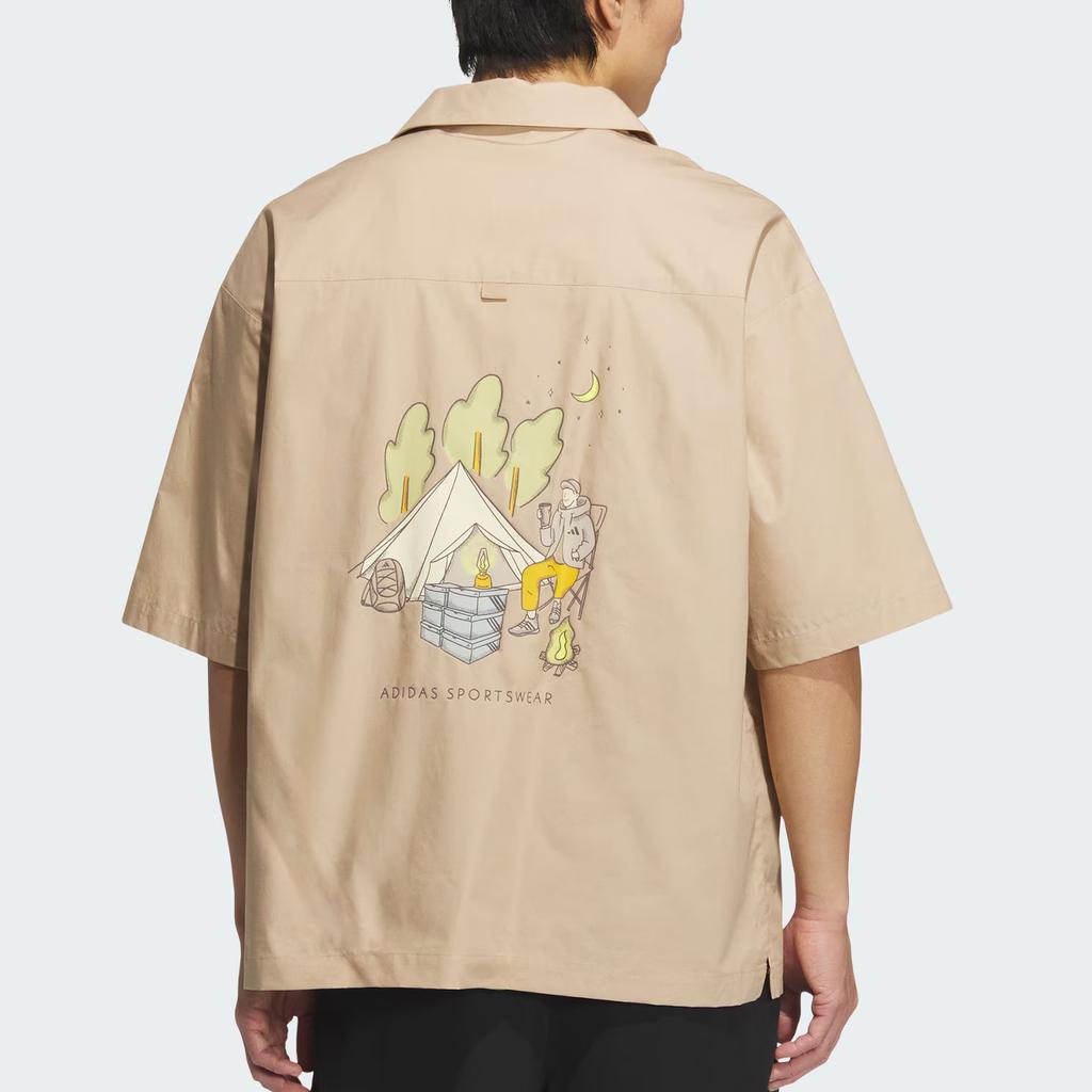 Adidas Sportswear GFX Loose Fit Button-Up Short Sleeve Shirt Men Shirts Warm-Sand JL6057