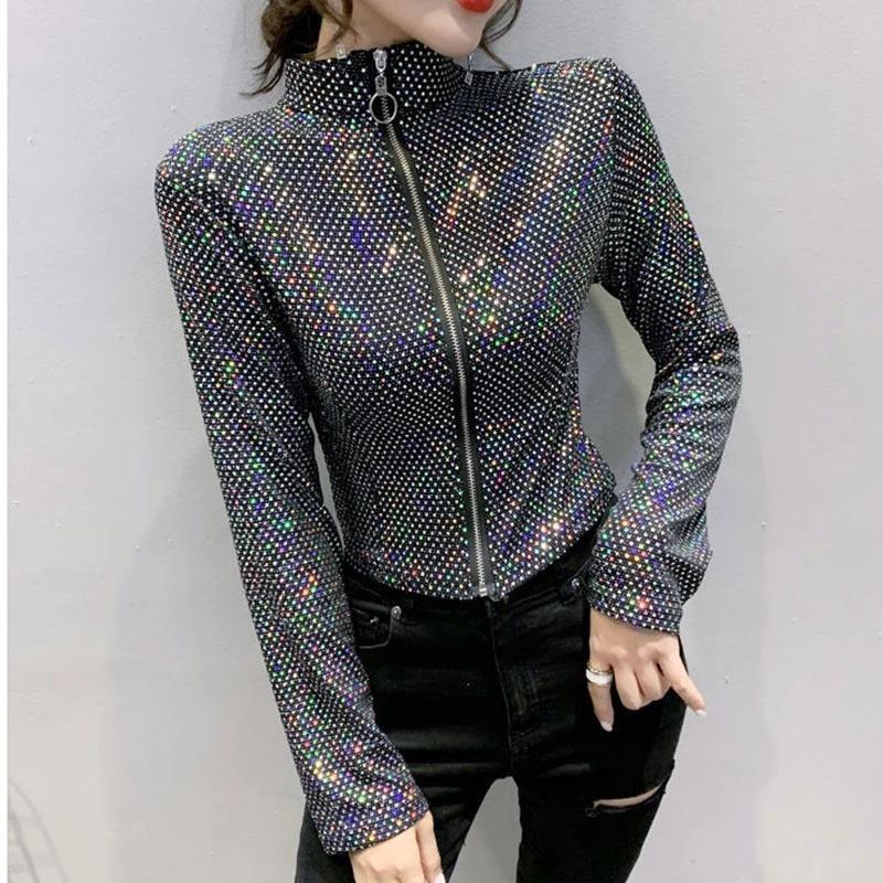 Fashion Glitter Sequined Short Jacket Women Slim Sexy Long Sleeve Zipper Coat Spring Autumn