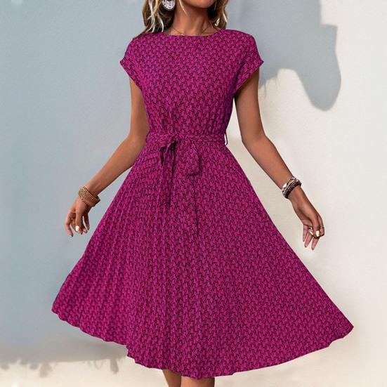 Women's Floral Printed Midi Dress Casual Crew Neck Short Sleeve Swing Dress with Belt Summer Beach Pleated Sundress