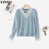 VONDA Autumn Winter Women Lace V Neck Long Sleeve Knitted Pullover Sweaters Jumpers