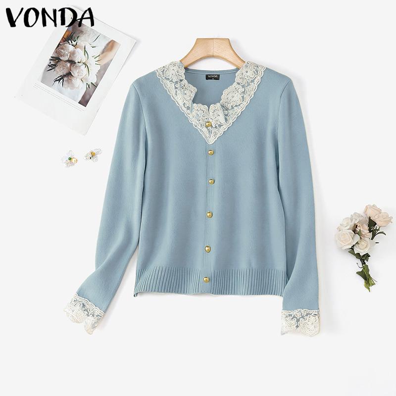 VONDA Autumn Winter Women Lace V Neck Long Sleeve Knitted Pullover Sweaters Jumpers