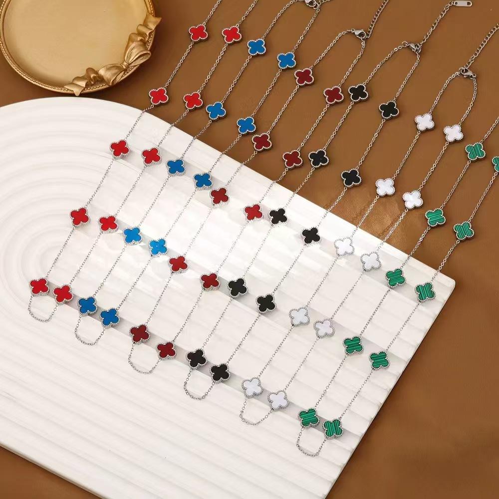Steel-colored Four-leaf Clover and Ten-flower Necklace Clavicle Chain Fashionable and Non-fading Necklace for Women