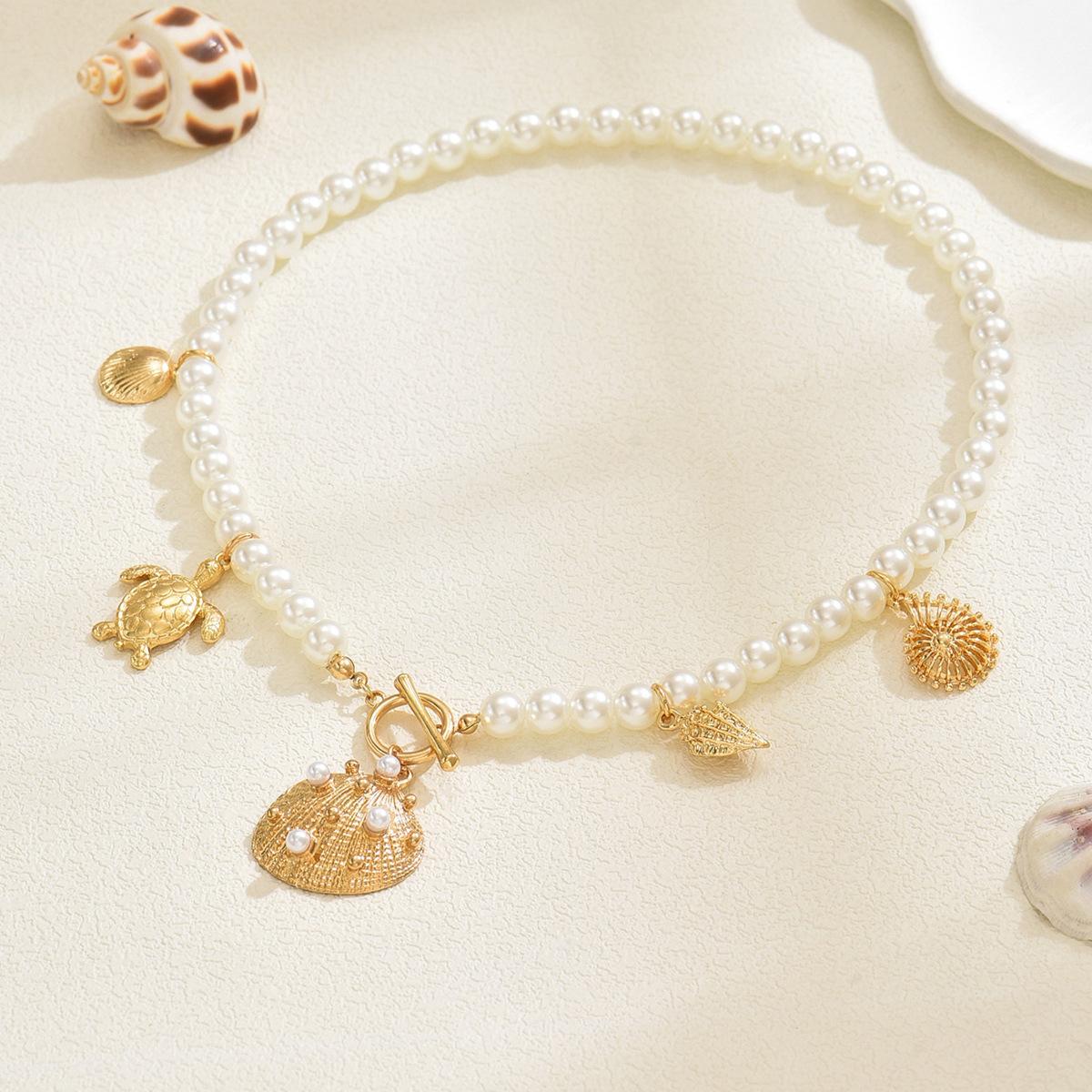 

European and American jewelry, summer vacation style, imitation pearl necklace, fashion niche design, shell, turtle collarbone chain