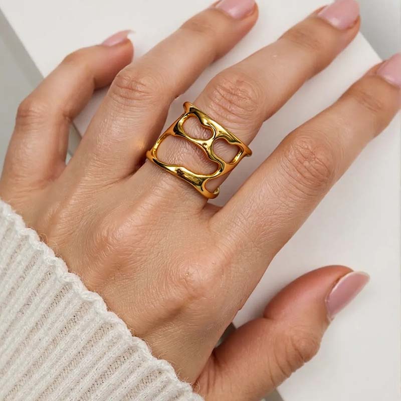 Stainless Steel Metal Lava Rings for Women Girls Fashion Gold Color Hollow Wide Adjustable Finger Rings Y2K Jewelry 2026 Trend