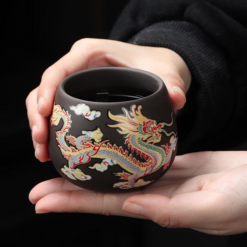 dragon and phoenix purple sand cup changes color in case of hot water Master cup Single tea cup Retro single cup Business
