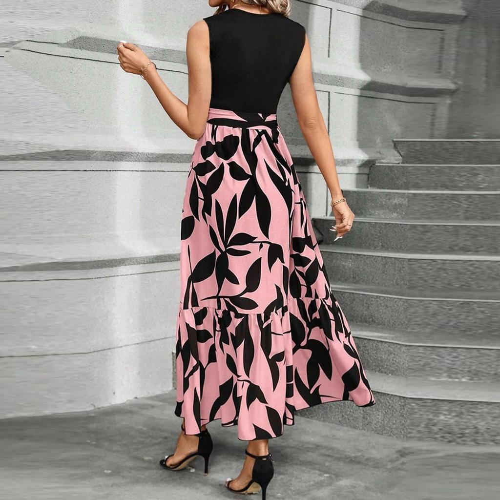 Women's Floral Print High Waist Fashionable And Elegant Sleeveless Dress
