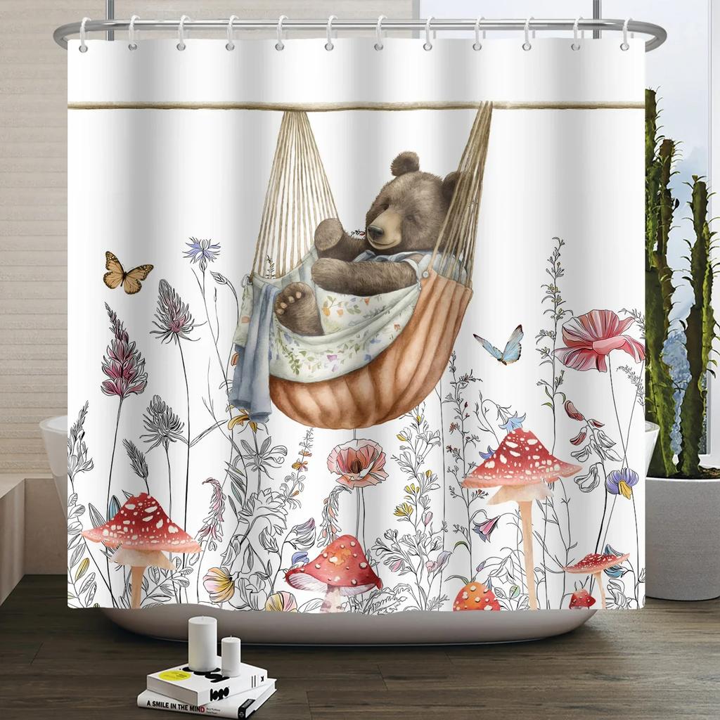 Cute Bear In Hammock Print Water-Resistant Shower Curtain With Whimsical Garden Design For Fun And Relaxing Bathroom Decor