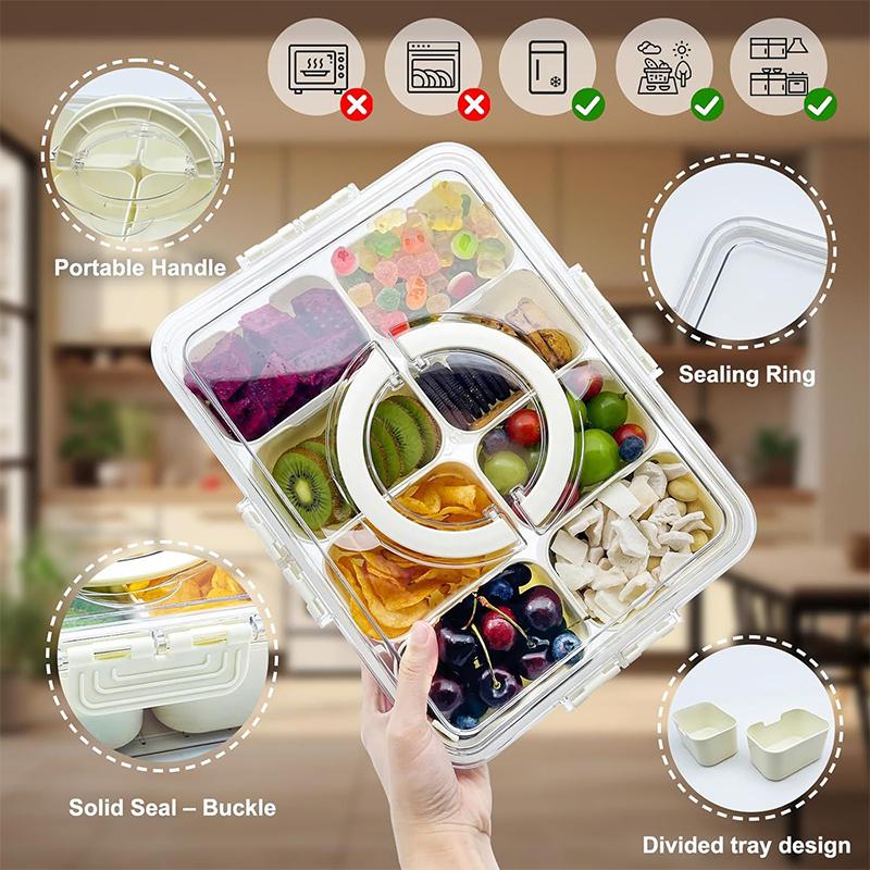 Rugged Snack Food Box Container Seasoning Divided Tray To Serve With Lid And Handle, 4/8 Snack Dividers Portable Platter