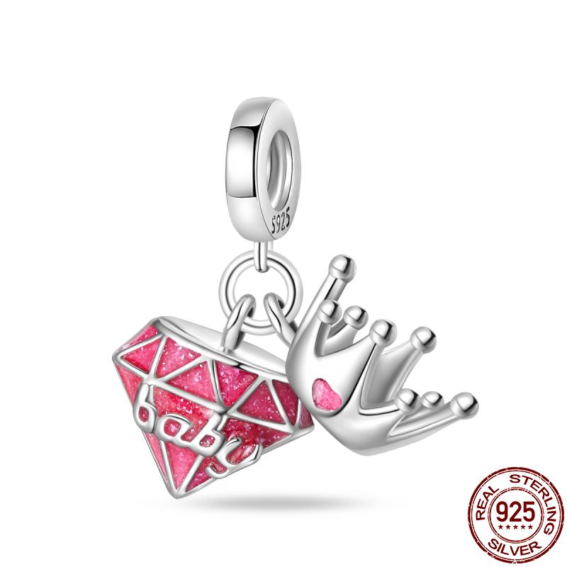 Genuine Copper Pink Princess Series-Crown Pendant Fit 3Mm Pan Bracelet Diy Charm For Women Jewelry Fashion Gift