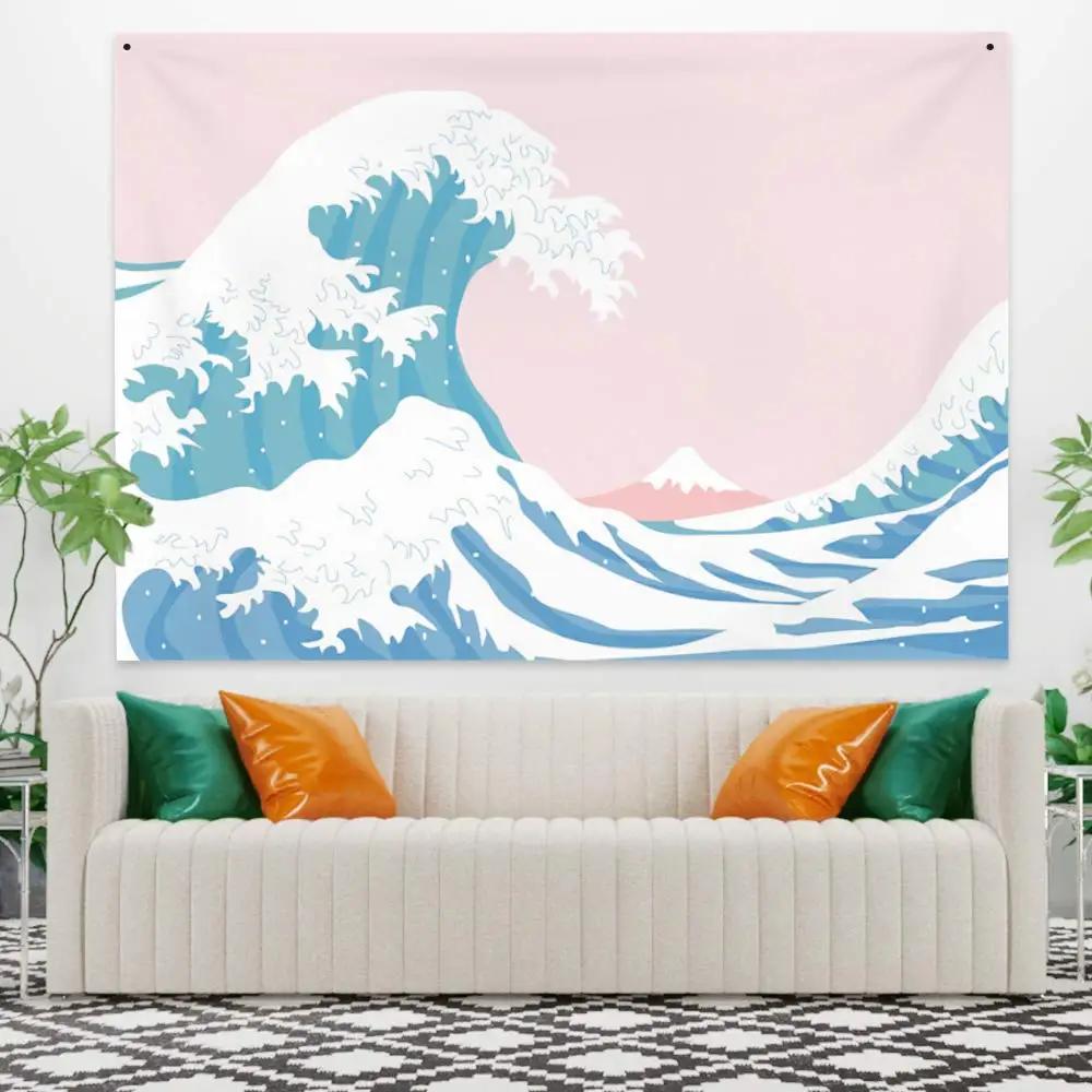 Große Meereswelle Wandteppich Asiatischer Anime Berg Rote Sonne Kirschblüte Wandteppich Zuhause Wohnzimmer Schlafzimmer Wand Moderne Kunst Wandteppiche