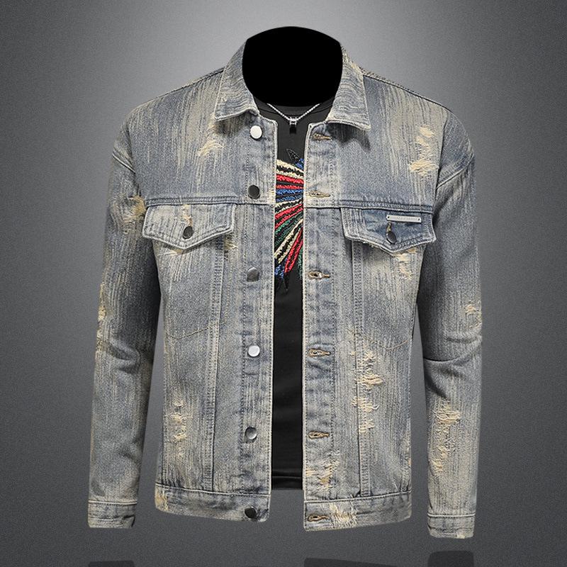 Men's Retro Ripped Washed Jacquard Denim Jacket - Casual & Cool