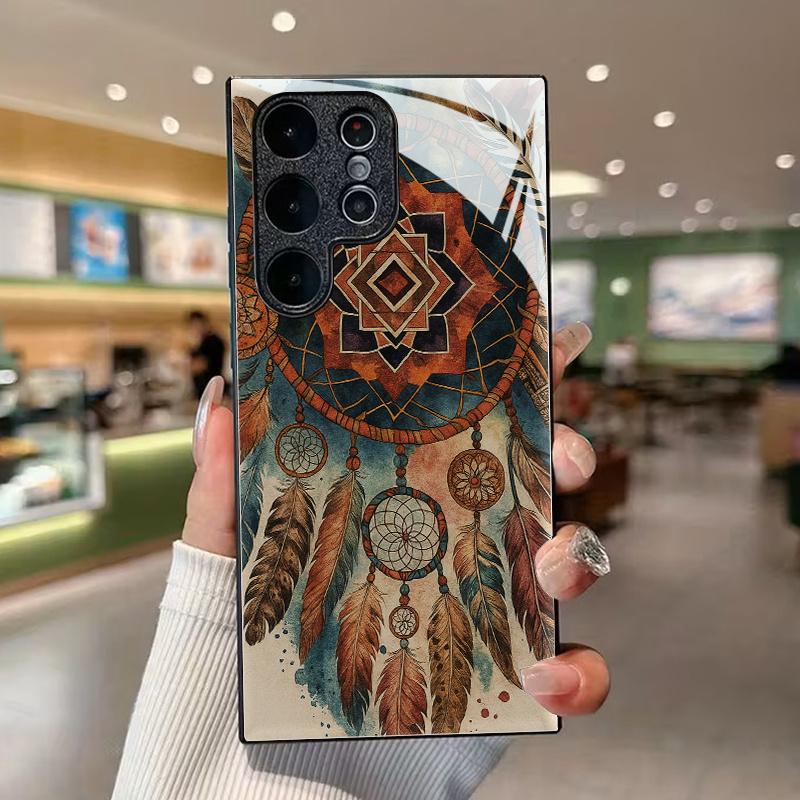 Feather Dream catcher tempered glass phone case suitable for Samsung GalaxyS26 S25 S24 S22 S21 S20FE/Ultra/Plus shock absorption