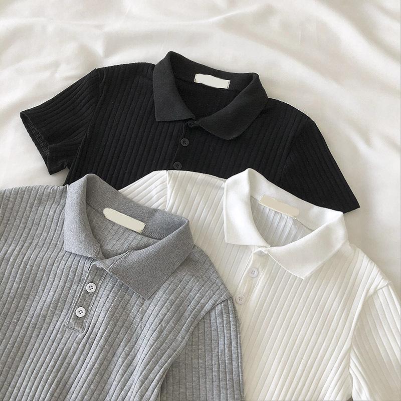 Women's Summer Ribbed Knit Polo Collar Slim Fit Top