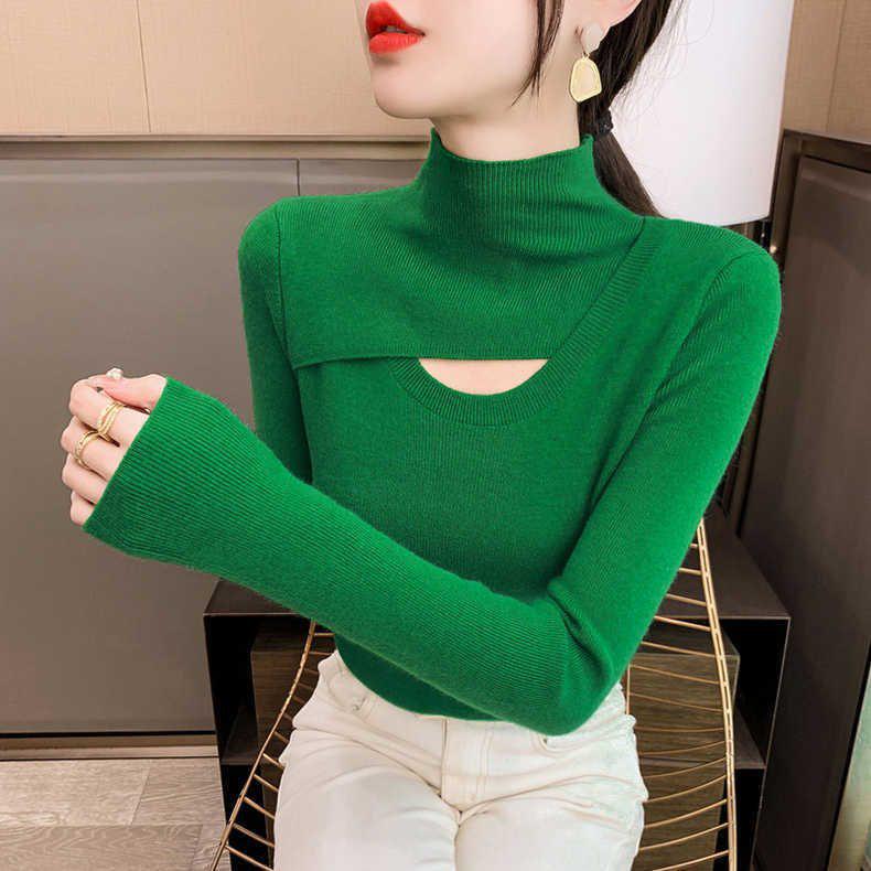 Women's Slim-Fit Knitted Sweater with Semi-High Neck and Hollow Design