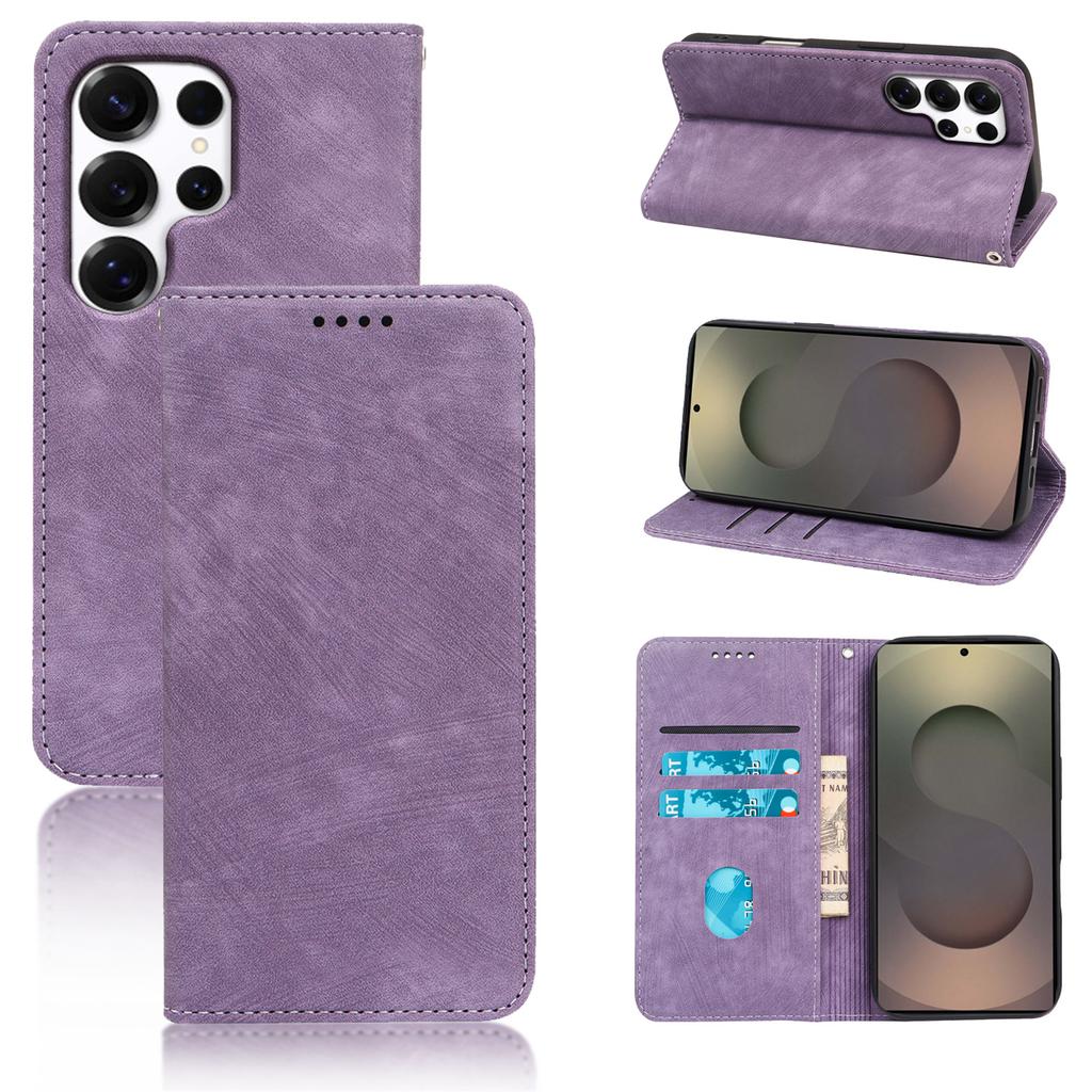 For Samsung Galaxy S25 Ultra Case Strong Magnetic Leather Wallet Phone Cover with Striped Texture