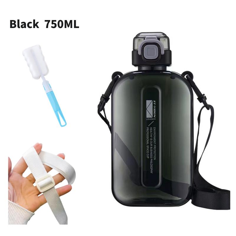 

Квадратная прозрачная спортивная бутылка для воды, портативная дорожная фляга с регулируемым ремешком, герметичная бутылка для спорта и кемпинга 750ML чёрный