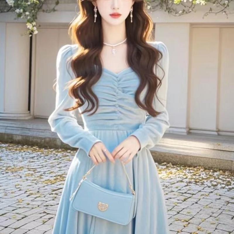 Early Autumn Luxury Temperament Long Skirt Women's Autumn High-End Blue Velvet Dress