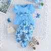 New Summer Baby Girl Flying Sleeve Solid Color Top + Butterfly Print Long Pants Two-Piece Set