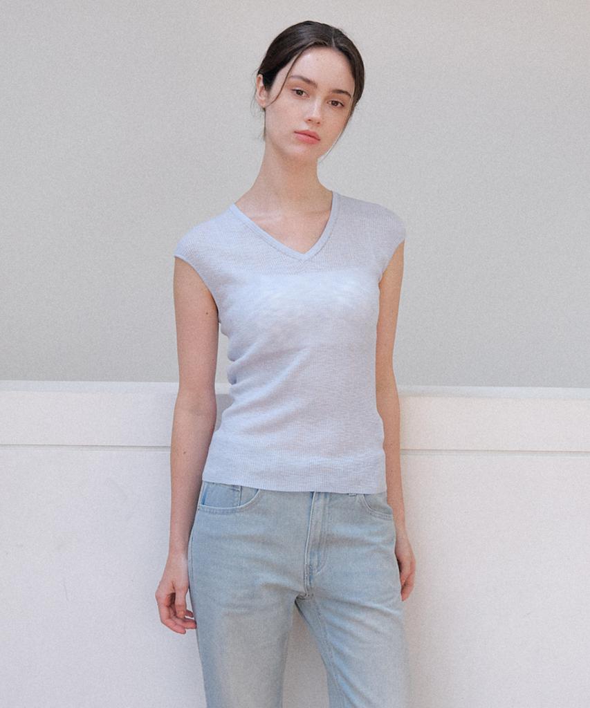 Meojiaenminggeul Rosé Soft Sheer Rib Short Sleeve V-Neck Knit Top (Cotton Blue)