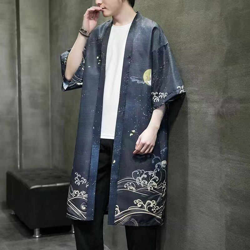 Men's Summer Jacket: Medium/Long Shirt, Loose Large Size Cardigan, Sun Protection, Chinese Style Crane Robe Cape