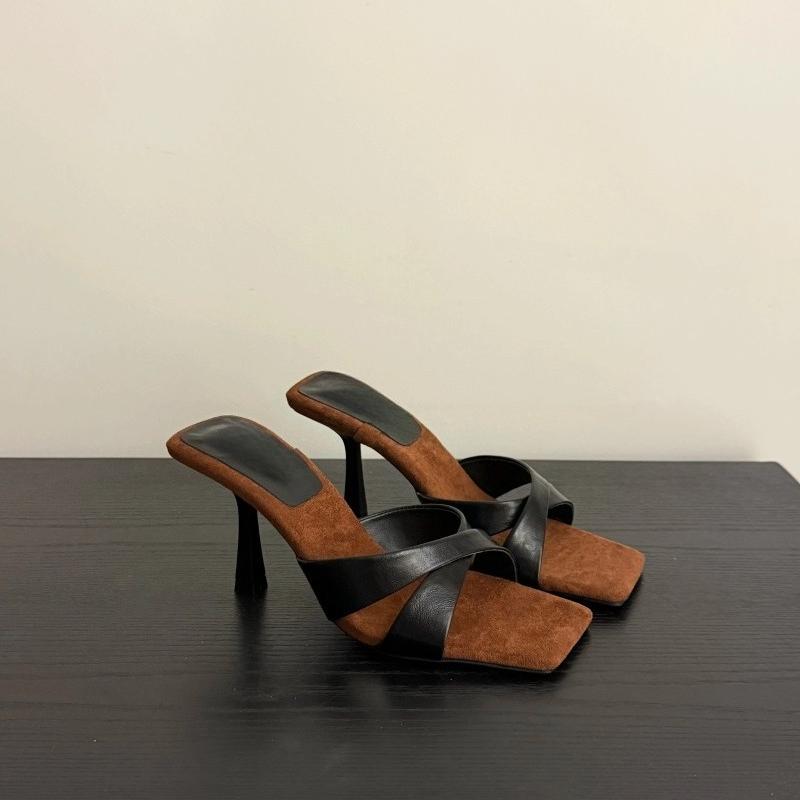 Fashion 2025 New Women's High Heels Sandal Square Head Cross Strap One Line Thin Heel Suitable  Wearing Outdoor Slippers