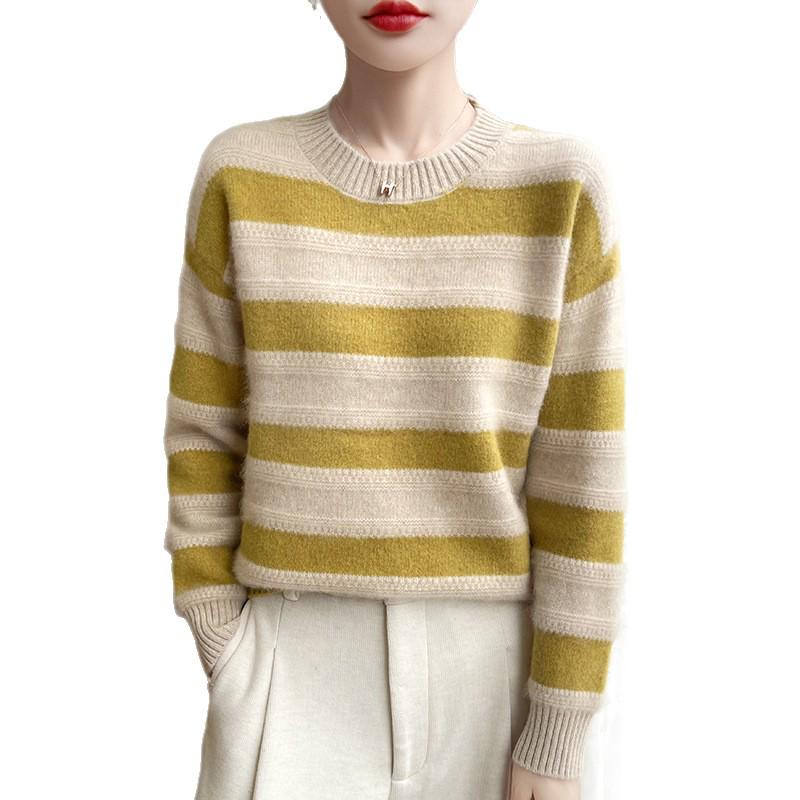 Women's Stylish Color Block Striped Wool Sweater - Autumn/Winter Korean Style Knitwear: Comfortable & Versatile.