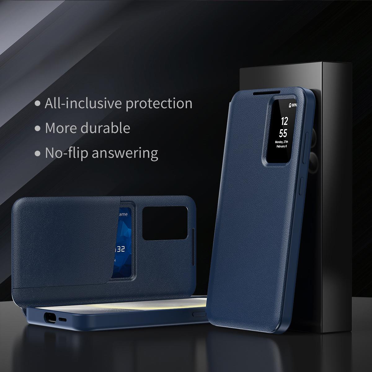 

For Samsung Galaxy S24+ Leather Phone Case with View Window Card Slot Grey Purple
