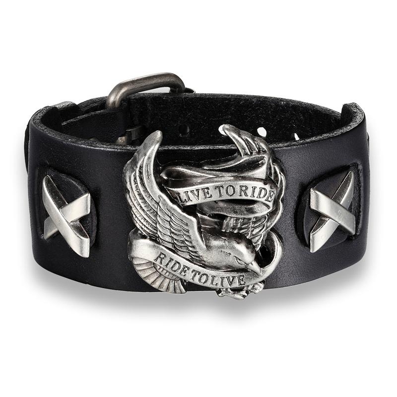 Ride To Live Bracelets Male Bird Skull Retro Bracelet Homme Genuine Leather Bracelet Men Woman Bracelets Bangles