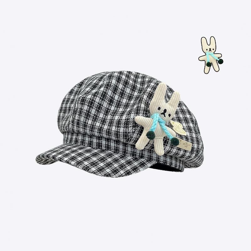 

Cute Cartoon Doll Sticker Plaid Newsboy Hats For Men And Women Autumn Casual Versatile Show Face Small Retro Octagonal Berets as the picture