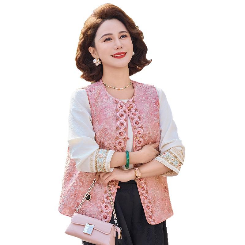 New Chinese Jacquard Vest: Elegant National Style for Middle-Aged Women, Frog Button Design, Flattering and Lightweight for Spring and Autumn