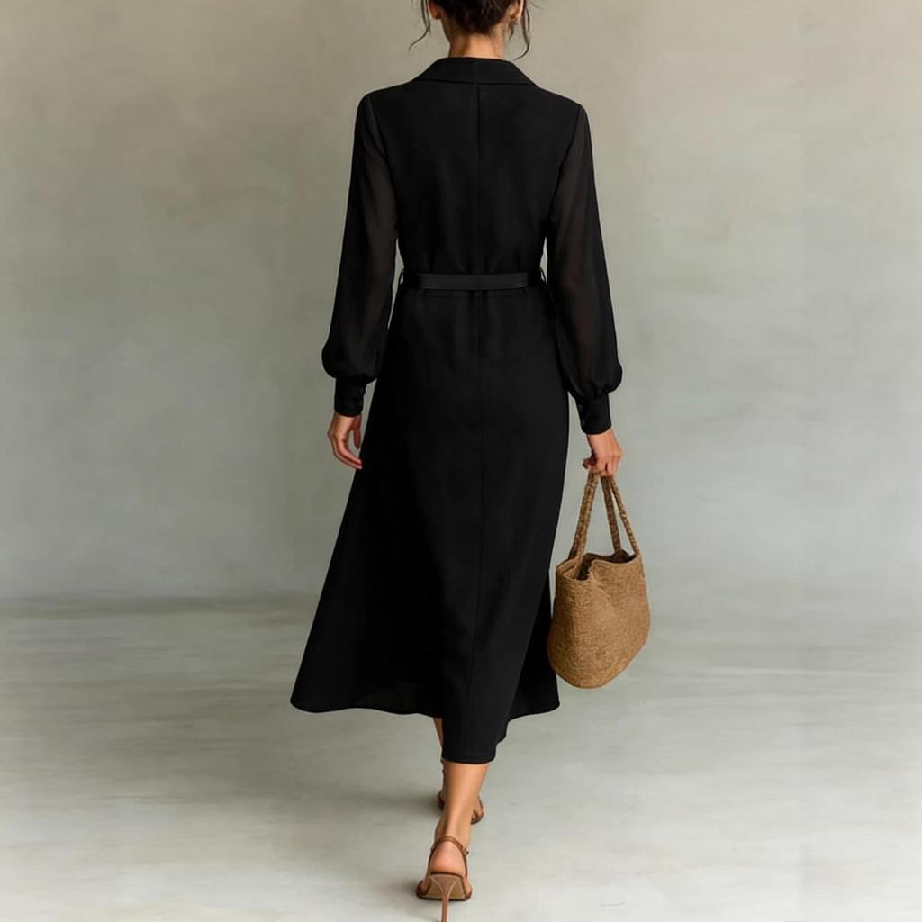 French Elegant Black Mesh Long Sleeve Waist-Cinching Slim Dress for Women