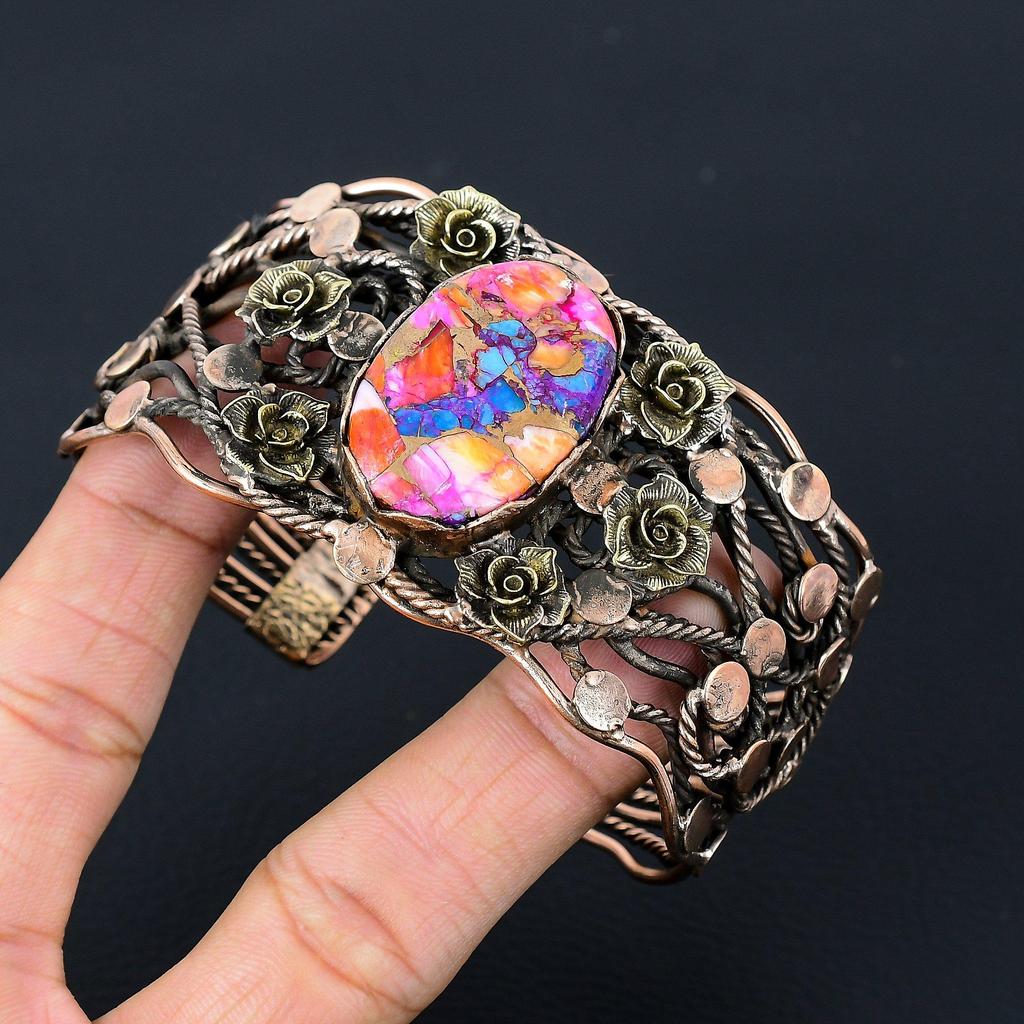 Pink Spiny Oyster Copper Turquoise Gemstone Pure Copper Wire Wrapped Handmade Cuff/Bangle Jewelry