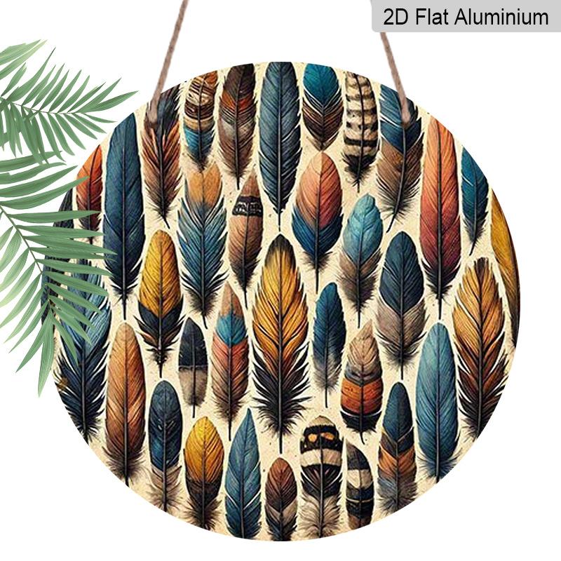 

2D Flat Feather Pattern Pendant Round Metal Aluminum Painting, Suitable for Home, Office, Cafe, Bar, Garage and Other Scene Decoration, Outdoor 1pc