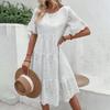 Womens Hollow Out O-Neck Short Sleeve A-Line Pleated Patchwork Solid Swing Midi Dress Beach Vacation Embroidered