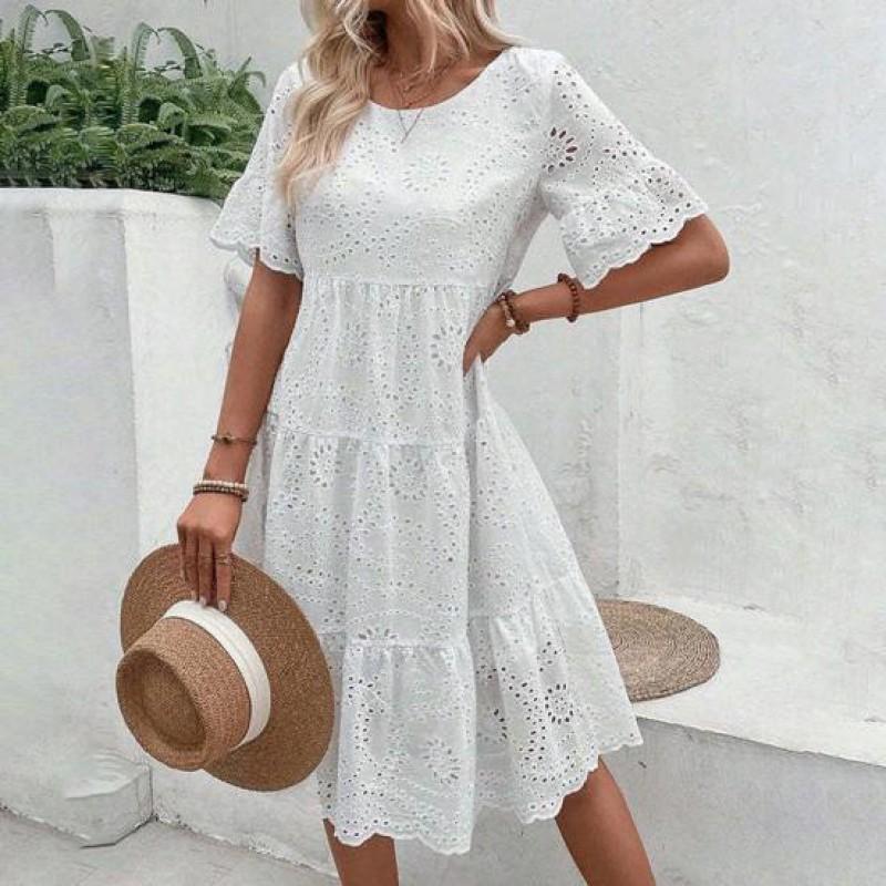Womens Hollow Out O-Neck Short Sleeve A-Line Pleated Patchwork Solid Swing Midi Dress Beach Vacation Embroidered